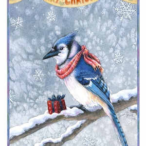 Carte de Noël, Merry Blue Jay par Frances Tyrrell