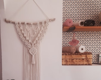 Macrame wall hanging boho driftwood and cotton wall decoration.