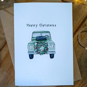 Vintage Landrover-kerstkaart | Aquarel- en inktafdruk | Hoge kwaliteit kaart met textuur