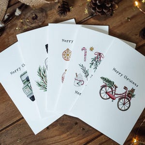 Lot de 5 cartes de Noël | Cartes imprimées à l'aquarelle et à l'encre d'inspiration vintage
