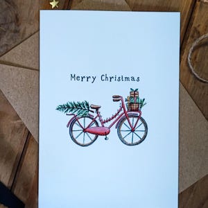 Vintage Fahrrad Weihnachtskarte | Aquarell und Tinte Druck | Strukturierte hochwertige Karte