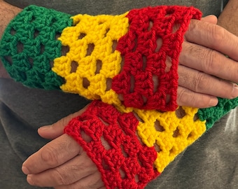 Crochet Rasta Fingerless Gloves: Handmade Wool Blend Arm Warmers