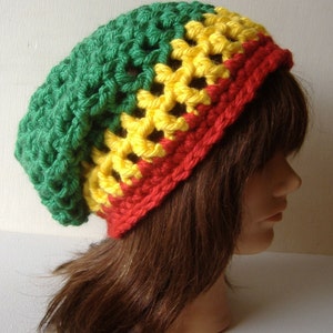 Rasta Hat, Women's Hat, Men's Hat, Slouch Hat, Crochet Hat, Winter Hat, Slouch Beanie, Beanie Hat, Tam Hat, Rastafari Hat, Green Yellow Red image 1