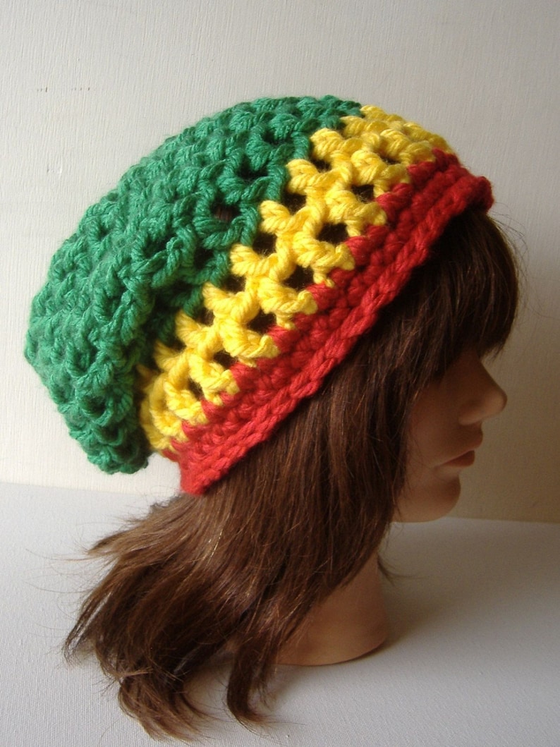 Rasta Hat, Women's Hat, Men's Hat, Slouch Hat, Crochet Hat, Winter Hat, Slouch Beanie, Beanie Hat, Tam Hat, Rastafari Hat, Green Yellow Red image 1