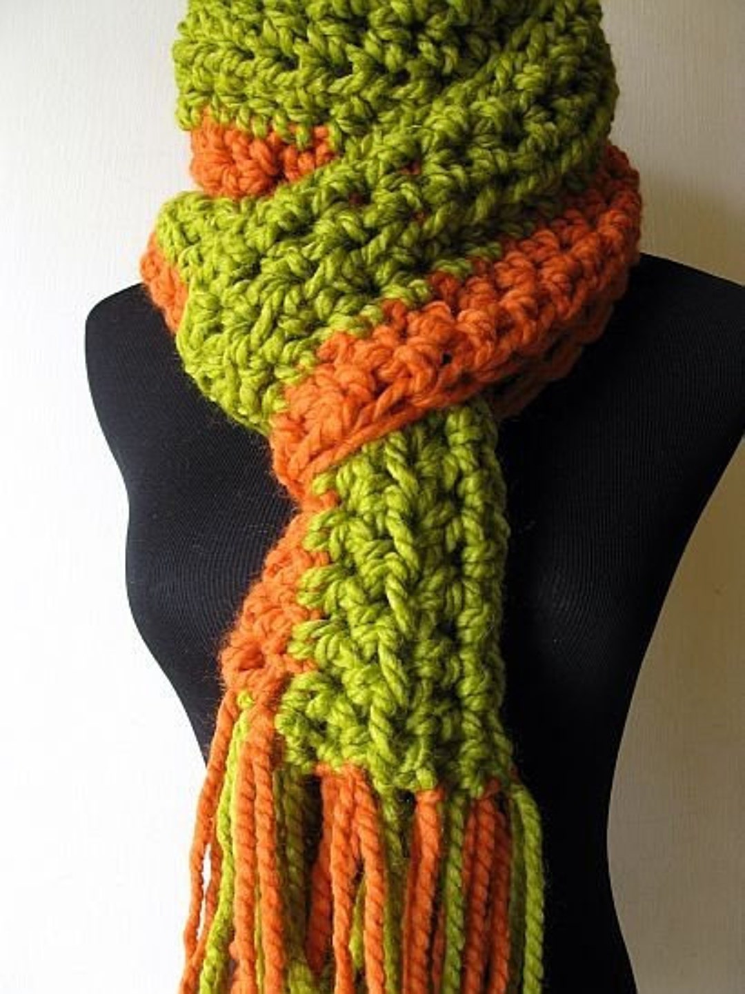 Chunky Crochet Scarf: Orange & Lemongrass Green Wool Blend - Etsy