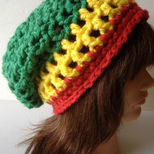 Rasta Hat, Women's Hat, Men's Hat, Slouch Hat, Crochet Hat, Winter Hat, Slouch Beanie, Beanie Hat, Tam Hat, Rastafari Hat, Green Yellow Red image 2