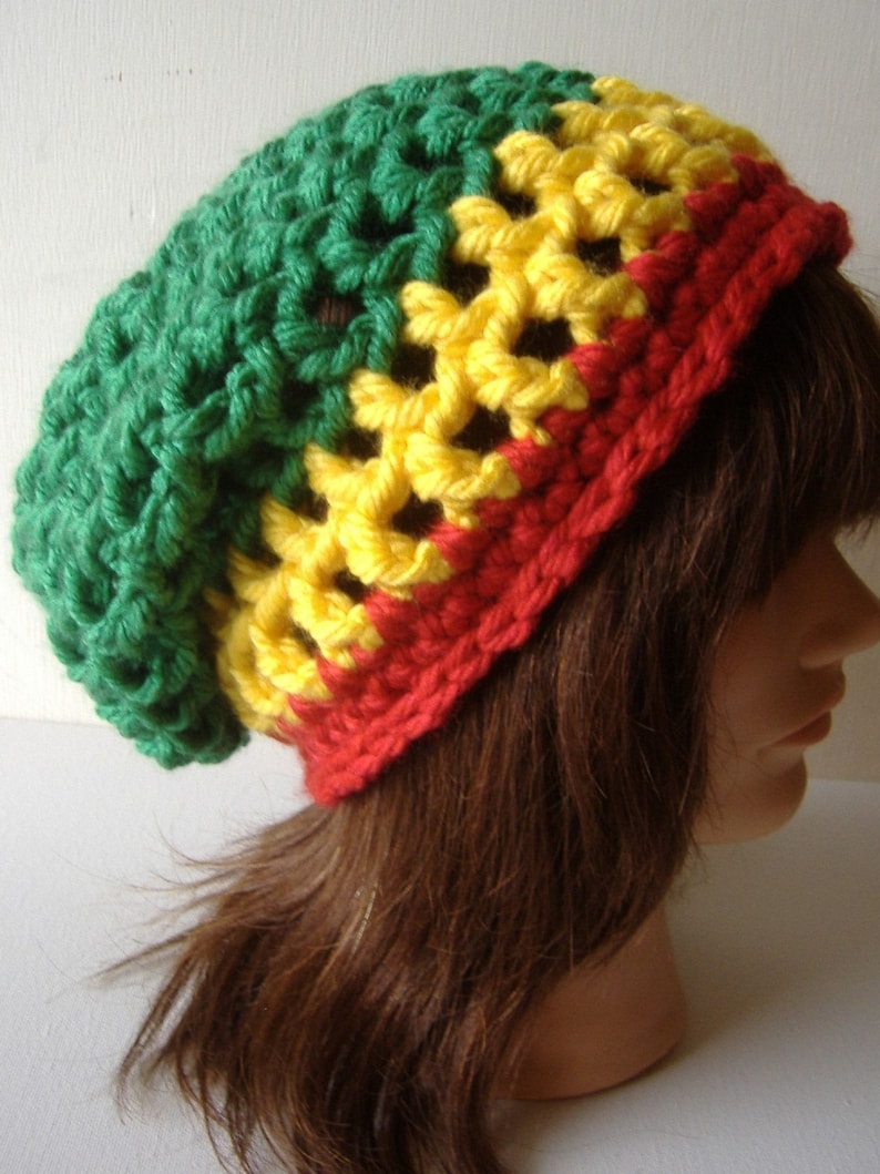 Rasta Hat, Women's Hat, Men's Hat, Slouch Hat, Crochet Hat, Winter Hat, Slouch Beanie, Beanie Hat, Tam Hat, Rastafari Hat, Green Yellow Red image 2