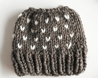Handmade Chunky Knit Messy Bun Hat: Wool Blend Ponytail Beanie