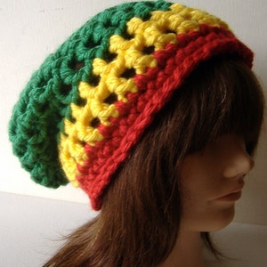 Rasta Hat, Women's Hat, Men's Hat, Slouch Hat, Crochet Hat, Winter Hat, Slouch Beanie, Beanie Hat, Tam Hat, Rastafari Hat, Green Yellow Red image 3