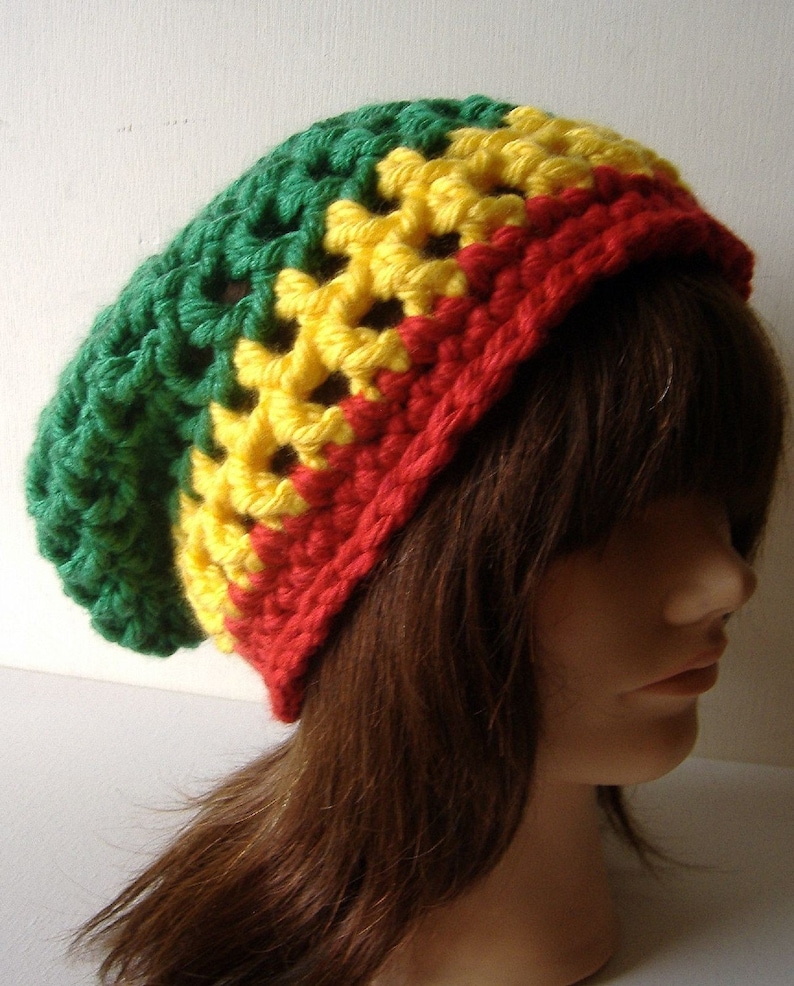 Rasta Hat, Women's Hat, Men's Hat, Slouch Hat, Crochet Hat, Winter Hat, Slouch Beanie, Beanie Hat, Tam Hat, Rastafari Hat, Green Yellow Red image 3