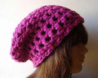 Magenta Crochet Slouch Beanie: Chunky Acrylic Blend Winter Hat