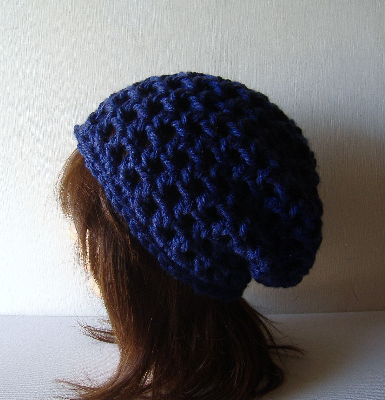 Chunky Crochet Slouch Beanie: Navy Blue Winter Hat - Etsy display picture 3