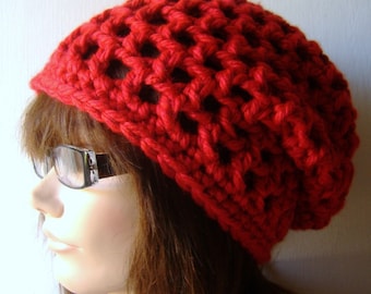 Handmade Chunky Crochet Slouch Beanie - Bright Red Acrylic