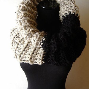 Chunky Crochet Cowl: Oatmeal Beige & Black Wool Blend Infinity Scarf