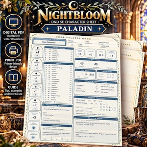 May include: A cream-coloured D&D 5E character sheet for a Paladin named Oren Stonevow, featuring blue borders and text sections for stats, skills, proficiencies, equipment, and traits. The document includes the title Nightbloom and Paladin.