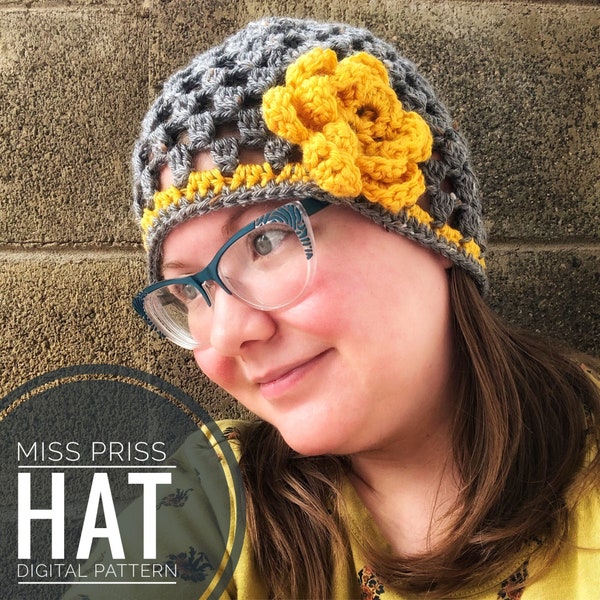 Crochet Pattern*** Miss Priss hat pattern, crochet hat pattern, cute crochet cloche, flower hat pattern, multiple sizes crochet pattern