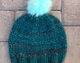 Knit Hat*** Teal Pom Pom hat, chunky knitted hat, warm cozy hat, winter beanie, adult winter hat, winter hat, snow hat, knit beanie
