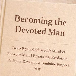 Könnte beinhalten: Ein Buch mit dem Titel "Becoming the Devoted Man" mit Text über psychologische Denkweise, emotionale Entwicklung und weiblichen Respekt. Eine Tasse Kaffee und eine gefaltete Decke liegen neben dem Buch. Eine kleine Pflanze ist im Hintergrund.