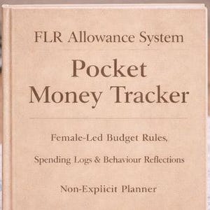 Könnte beinhalten: Ein beiges "Pocket Money Tracker"-Buch mit Text, ein rosa Sparschwein, Münzen, ein Taschenrechner, ein Stift und Finanzdokumente auf einer Holzoberfläche. Auf dem Buchumschlag steht "FLR Allowance System".