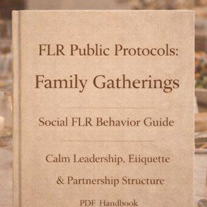 Könnte beinhalten: Ein beigefarbenes Buch mit dem Titel "FLR Public Protocols: Family Gatherings" liegt auf einem Tisch, der mit Speisen und Getränken gedeckt ist. Der Buchumschlag zeigt Text. Die Szene umfasst Teller mit Essen, Besteck und Kerzen.
