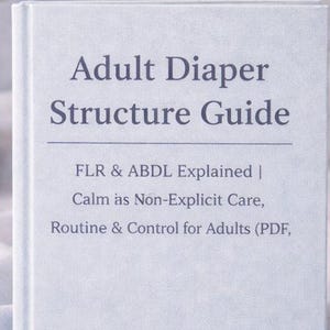 Puede incluir: Un libro azul claro titulado "Adult Diaper Structure Guide" con texto que incluye "FLR & ABDL Explained" y "Calm as Non-Explicit Care". El libro está sobre una superficie blanca, con un jarrón de flores y una vela encendida en el fondo.