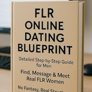 May include: A beige book titled "FLR ONLINE DATING BLUEPRINT" with black text. The book's subtitle reads "Detailed Step-by-Step Guide for Men" and "Find, Message & Meet Real FLR Women." A computer monitor, keyboard, and mouse are in the background.