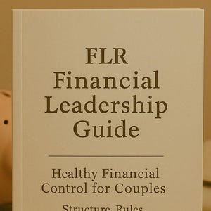 Könnte beinhalten: Ein hellbeige Buch mit dem Titel "FLR Financial Leadership Guide" mit Text über gesunde Finanzkontrolle für Paare. Im Hintergrund sind ein Sparschwein und eine Banknote zu sehen.