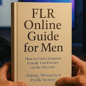 Könnte beinhalten: Ein Buch mit dem Titel "FLR Online Guide for Men" wird von Händen gehalten. Das Cover des Buches ist beige mit dunkelbraunem Text. Der Text enthält "How to Find a Genuine Female-Led Partner on the Internet" und "Dating, Messaging & Profile Strategy."