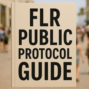 Könnte beinhalten: Ein beiges Buch mit dem Titel "FLR PUBLIC PROTOCOL GUIDE" in fetten schwarzen Buchstaben. Das Buch wird vor einem verschwommenen Hintergrund von Menschen gehalten, die an einem sonnigen Tag gehen.
