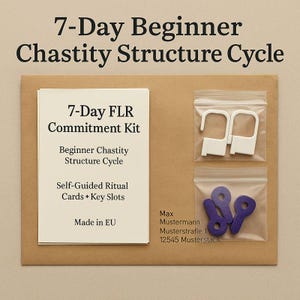 May include: A kit labeled "7-Day FLR Commitment Kit" with the text "7-Day Beginner Chastity Structure Cycle." The kit includes cards, key slots, and white and purple accessories in clear bags. The text "Made in EU" is also visible.