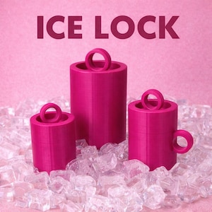 May include: Three magenta-colored cylindrical objects with ring handles, one with a mug handle, are displayed on a bed of ice cubes against a pink background. The text "ICE LOCK" is at the top of the image.