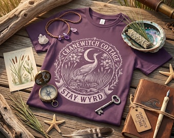 Cranewitch Cottage Stay Wyrd Crane Graphic Tee, Witchy Coastal Shirt