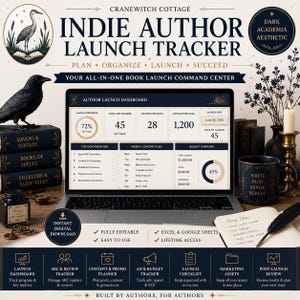 May include: An Indie Author Launch Tracker digital download with a dark academia aesthetic. The image features a laptop displaying a dashboard, a stack of books, a raven, and a mug with the words "Write, Plot, Revise, Repeat."