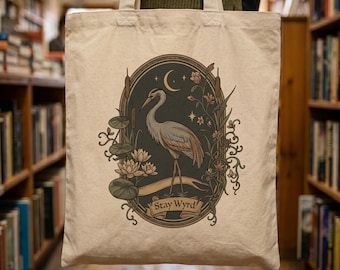 Heron Moon Botanical Canvas Tote Bag, Vintage Nature Witchy Book Bag