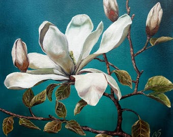 Original Oil Painting of Elegant White Magnolia Blossoms - Etsy