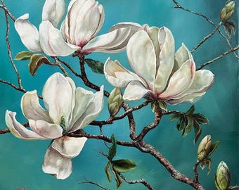 Original Oil Painting of Elegant White Magnolia Blossoms - Etsy