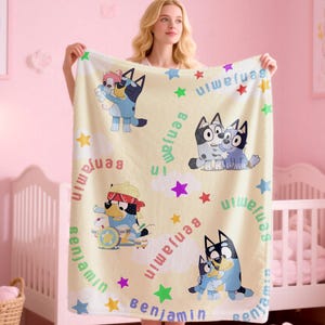 Custom Bluey Cartoon Name Blanket,Swaddling Blanket,Cute&Durable Bluey Blanket,Plush Throw for Kids,Bluey Home Decor,Birthday Gifts for Kids