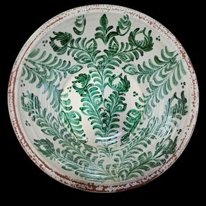 Può includere: Una ciotola in ceramica bianca con un motivo floreale verde dipinto a mano. Il bordo ha un bordo strutturato marrone-rossastro. L'interno della ciotola presenta un motivo simmetrico di foglie e rami stilizzati.