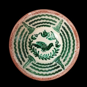 May include: A ceramic bowl with a white interior featuring a green bird and leaf design. The bowl has a green wavy pattern and a reddish-brown rim. The bowl is set against a black background, showcasing the decorative design.