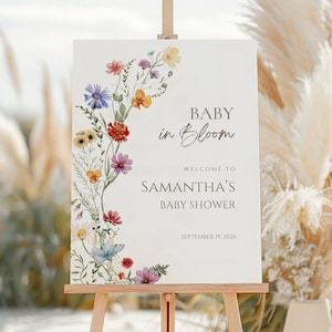 Baby In Bloom Welcome Sign Template, Editable Wildflower Baby Shower Welcome Sign, Floral Baby Shower Sign, Instant Download