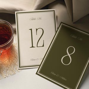 Puede incluir: Dos tarjetas con números de mesa. Una tarjeta es de color crema con un borde verde oscuro y el número 12. La otra tarjeta es verde oliva con un borde blanco y el número 8. Ambas tarjetas tienen el texto "Table No." y un nombre.