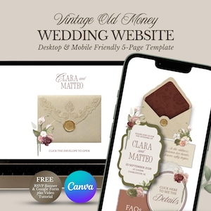 Könnte beinhalten: Ein Laptop und ein Smartphone zeigen eine Hochzeit Website Vorlage. Das Design zeigt einen Umschlag mit Wachssiegel, Blumenschmuck und die Namen "Clara und Matteo". Der Text "Vintage Old Money WEDDING WEBSITE" ist oben zu sehen.