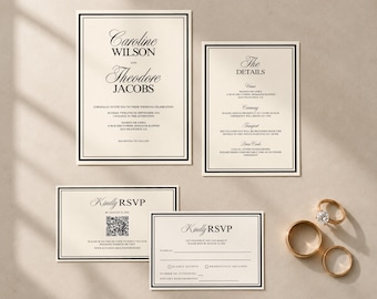 May include: A wedding stationery set featuring an invitation, details card, and two RSVP cards with black double-line borders on cream paper. The text includes names Caroline Wilson and Theodore Jacobs. Three gold-toned metal rings are placed nearby.
