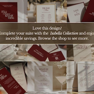 May include: A collection of burgundy and white wedding stationery, including invitations, menus, and signage. The text includes phrases like "Save the Date," "The Bar Menu," and "Your Table Awaits." The overall theme is elegant and romantic.