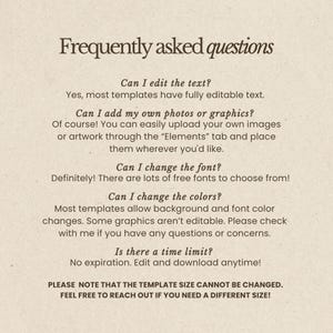 Pu&ograve; includere: Sfondo beige con il testo "Frequently asked questions" in marrone scuro, con un carattere elegante. Il testo risponde alle domande pi&ugrave; frequenti sull'editing dei modelli, tra cui testo, foto, caratteri e colori. Nessun limite di tempo.