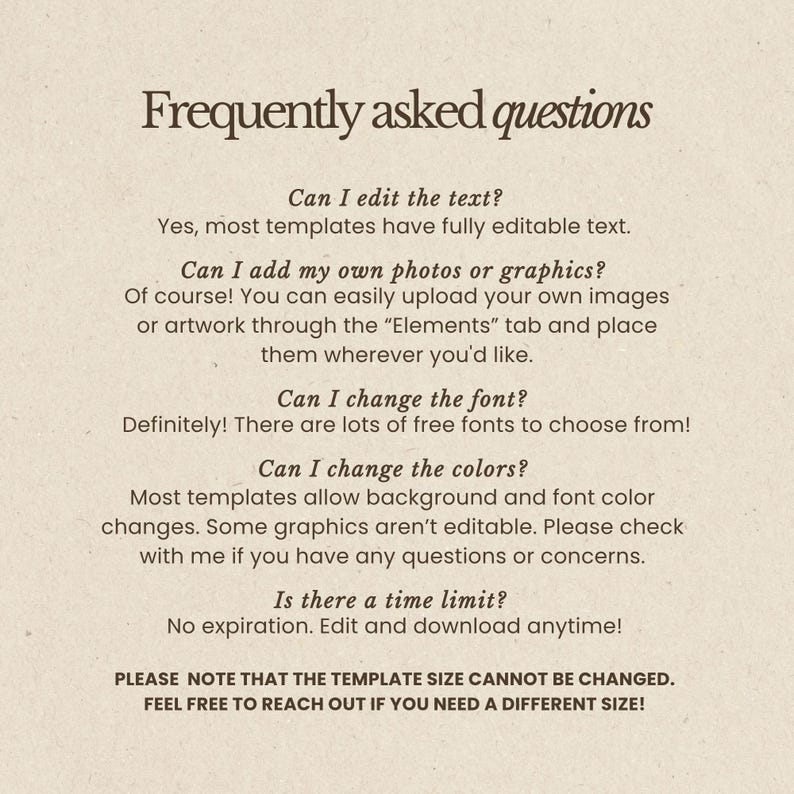 Pu&ograve; includere: Sfondo beige con il testo "Frequently asked questions" in marrone scuro, con un carattere elegante. Il testo risponde alle domande pi&ugrave; frequenti sull'editing dei modelli, tra cui testo, foto, caratteri e colori. Nessun limite di tempo.