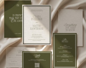 Olive Green Wedding Invitation Suite Template, Timeless Old Money Invite Set, Luxury Wedding Stationery, Digital Download, Canva Editable