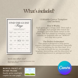 Peut inclure: Un mod&egrave;le de jeu de bingo "Find the Guest" en noir et blanc. Le jeu est con&ccedil;u pour aider les invit&eacute;s &agrave; se connecter et &agrave; susciter des conversations. Le mod&egrave;le mesure 12,7 x 17,8 cm et comprend des instructions. Le logo Canva est visible.