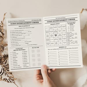 Folded Printable Wedding Table Games, Editable Program & Wedding Reception Activities, Find The Guest Bingo, Word Search, Ice Breaker Games