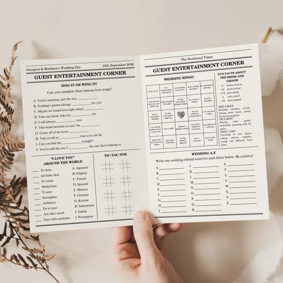 Folded Printable Wedding Table Games, Editable Program & Wedding Reception Activities, Find The Guest Bingo, Word Search, Ice Breaker Games